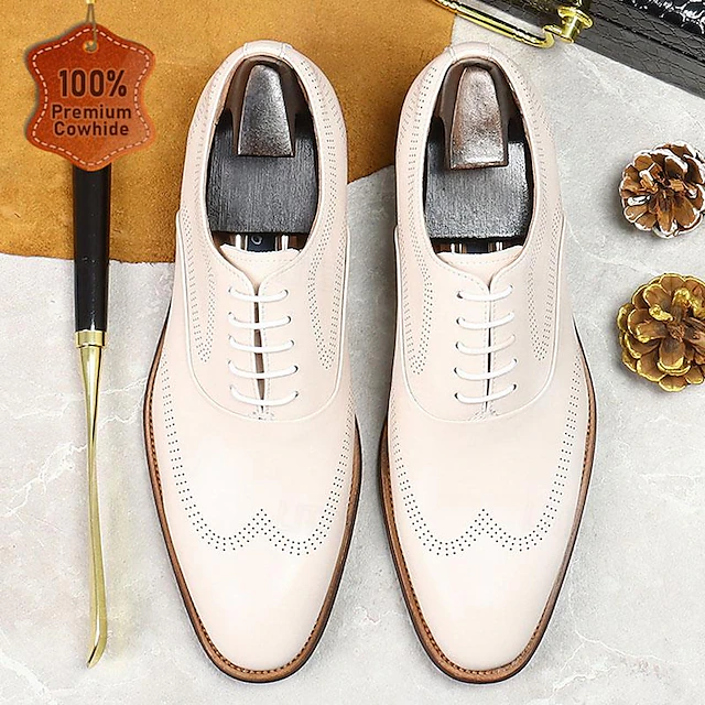 Stylish Men's White Dress Derby Shoes with Brogue Detailing - Ideal for Formal and Business Wear 14