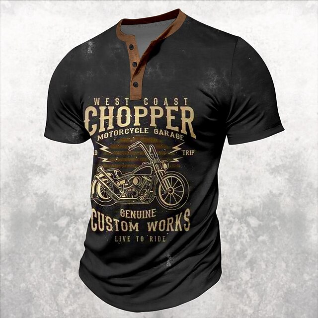 Men's Motorcycle T shirt Henley Shirt Short Sleeve 3D Print Retro Vintage Casual Daily Summer Black Henley Henley T-Shirt4