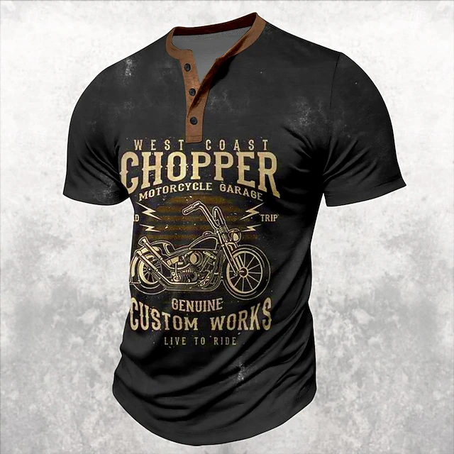 Men's Motorcycle T shirt Henley Shirt Short Sleeve 3D Print Retro Vintage Casual Daily Summer Black Henley Henley T-Shirt4