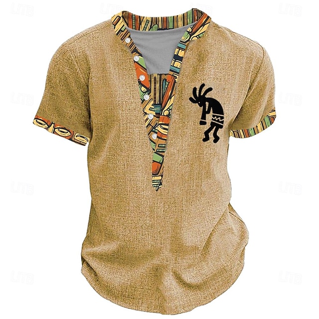 Herr Stam Snusnäsdukstryck T-shirt Henleytröja Kortärmad 3D-tryck Designer Etnisk Semester Ledigt Dagligen Sommar Vår Gul Grön Kaki Henley Henley T-shirt