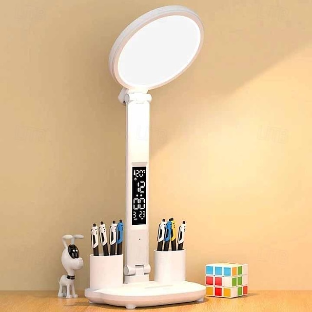  lâmpada de mesa led multifuncional dobrável toque com calendário relógio lâmpada de mesa usb ventilador embutido tecnologia de cuidados com os olhos para luz de leitura de cabeceira do quarto