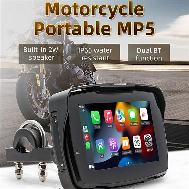  Lecteur mp5 portable pour moto et voiture, 5 pouces, carplay, écran tactile hd, navigation étanche ip65