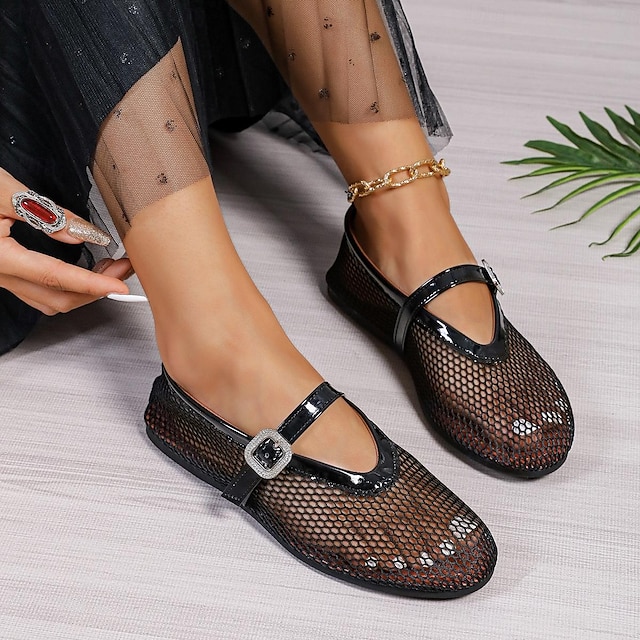  slip-on da donna punta tonda piatta scarpe con cinturino con fibbia in rete scavate scarpe comode e leggere nero bianco rosa