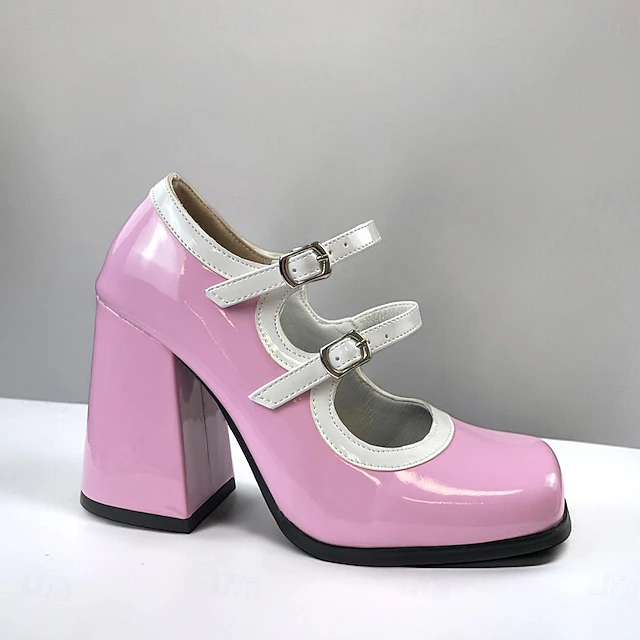 Retro Chic Pink Patent Platform Heels with Double Straps for Women - Trendy and Stylish 6