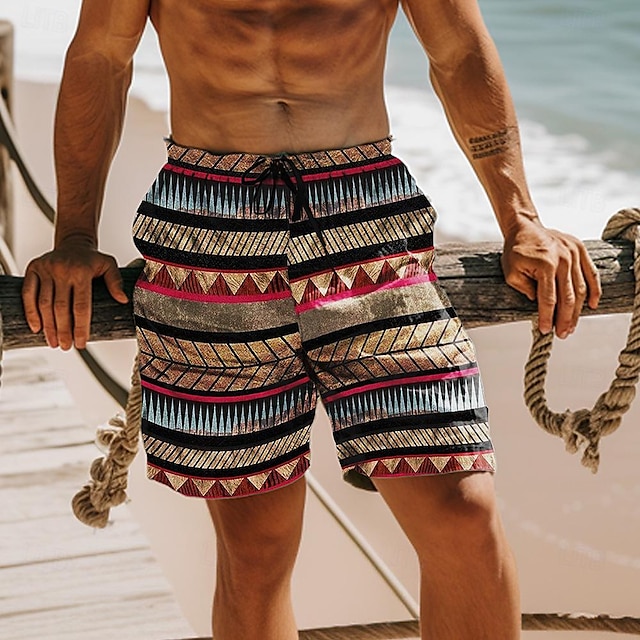  Men's Grid / Plaid Geometric Pattern Shorts Mid Waist Vacation Vintage Fashion Outdoor Casual Holiday Drawstring Side Pockets Designer Clothing Apparel