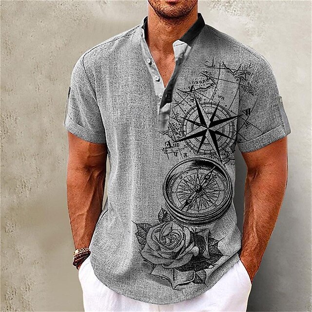 Men's Shirt Linen Shirt Beach Shirt Graphic Prints Outdoor Vacation Pink Blue Green Khaki Short Sleeve Stand Collar Summer Spring Clothing Apparel Print4