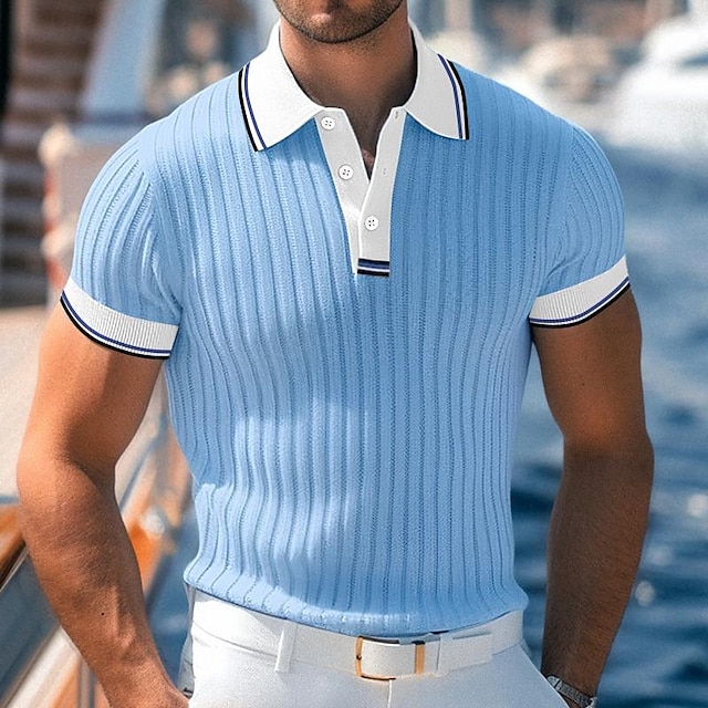  Herren Golfhemd Strickpolo Arbeit Casual Kargen Gerippter Polokragen Kurzarm Basic Modern Farbblock Patchwork Knopf Frühling Sommer Regular Fit Weiß Blau Grün Grau Golfhemd
