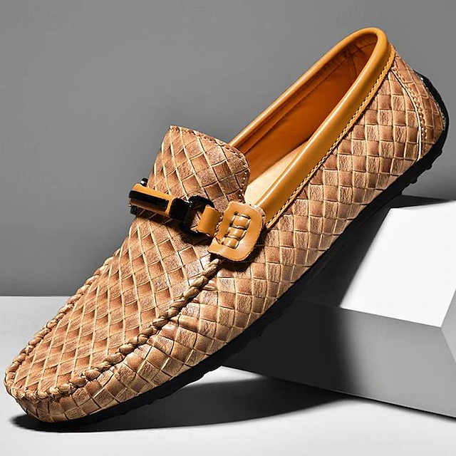 Men's Woven Leather Loafers - Stylish Buckle Slip-On Dress Shoes for Formal and Casual Occasions 11
