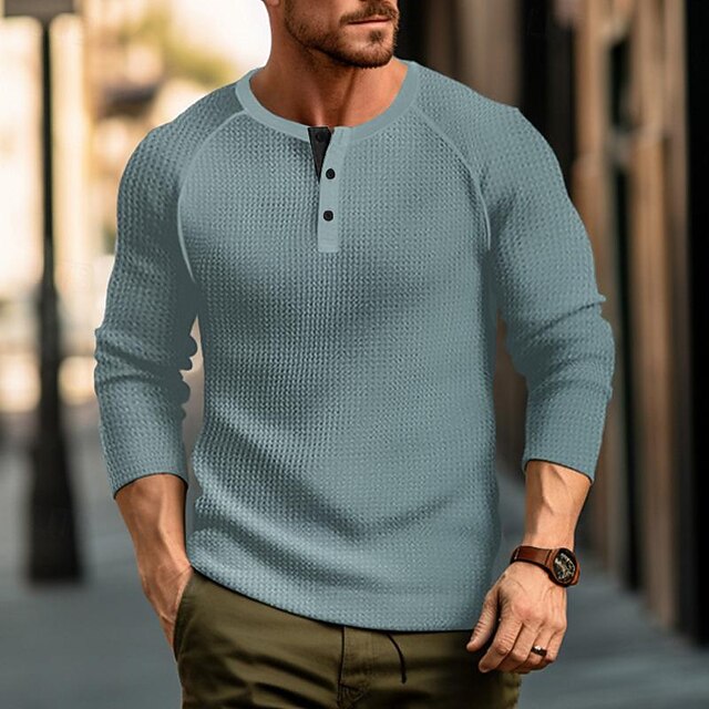 Men's Waffle Tee Button T Shirt T Shirt Henley Shirt Long Sleeve Henley Spring & Fall Plain Raglan Sleeve Fashion Designer Basic Vacation Street Going out Black White Wine Top Tee for Men 11