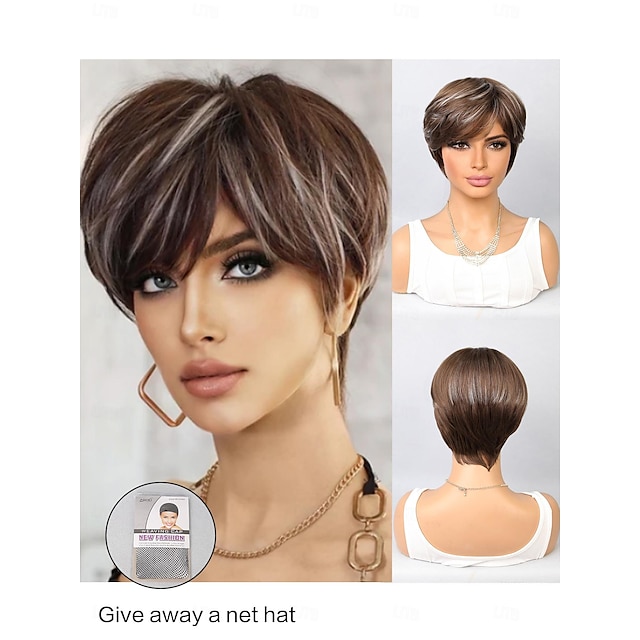  Perucas sintéticas Reta natural Bob curto Parte lateral Peruca 10 polegadas Marron / Branco Cabelo Sintético Mulheres Multi Cores