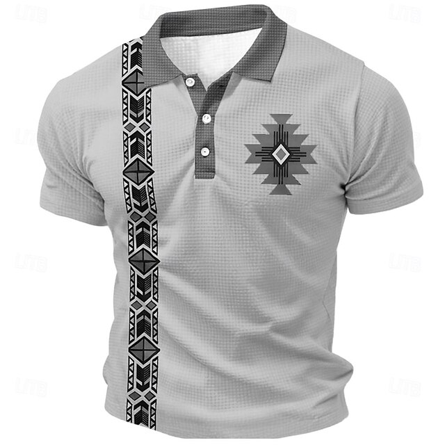  Pánské Etno Waffle Polo košile Golfová košile Krátký rukáv Polo tričko Košile s límečkem Vinobraní Na běžné nošení Oblečení na dovolenou Párty oblečení Knoflíky 3D tisk Léto Jaro Modrá Trávová zelen