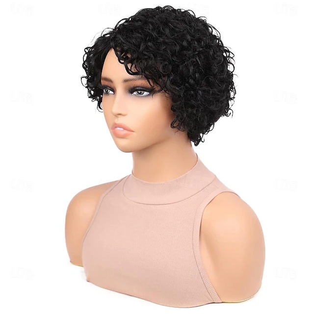 Short Curly Human Hair Wigs For Black Women Side Part Pixie Cut Kinky ...