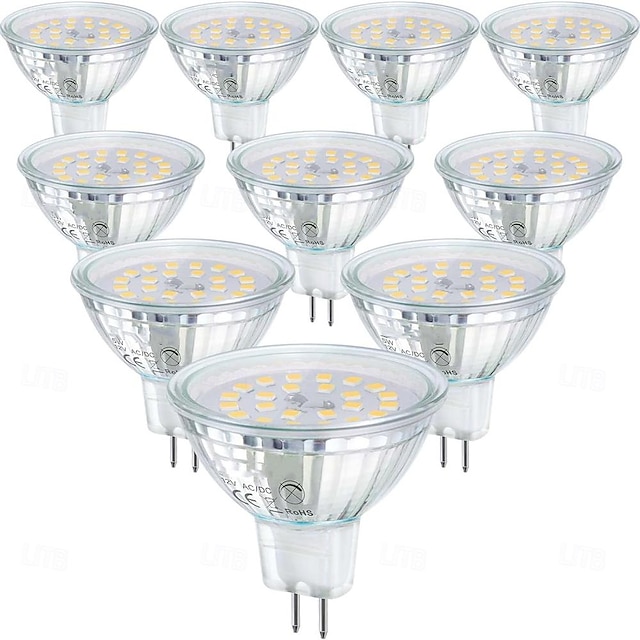  Lampadine a led mr16 gu5.3 Lampadine a led bi-pin base copertura in vetro trasparente 12v 50w equivalente alogeno non dimmerabile angolo del fascio di 120 gradi 500lm per faretti paesaggistici luci a