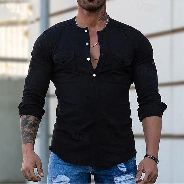 Men's Shirt Chinese Collar Shirt Mandarin Collar Shirt Summer Shirt Casual Shirt Beach Shirt Black Long Sleeve Plain Crew Neck Vacation Hawaiian Button-Down Clothing Apparel Polyester Fashion Casual3