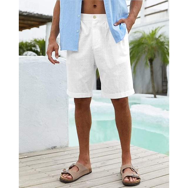  Per uomo Pantaloncini Pantaloncini di lino Pantaloncini estivi Pantaloncini da spiaggia Abbottonare Tasche Liscio Comfort Traspirante Breve Da mare Per eventi Spiaggia Hawaiano Boho Nero Bianco