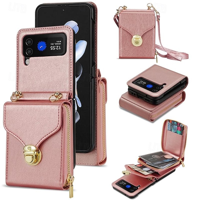  telefone Capinha Para Samsung Galaxy Z Virar 6 Z Flip 5 Z Flip 4 Z Flip 3 Capa traseira Capa articulada Zíper com cordão Slot para cartão Retro PC Couro PU