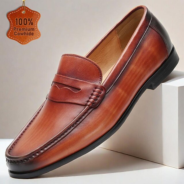 Men's Classic Burnished Tan Leather Loafers - Sleek Slip-On Dress Shoes with Premium Cowhide 10