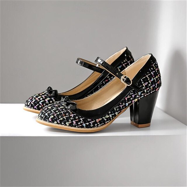 Women's Black Tweed Mary Jane Pumps with Bow - Chunky Heel Shoes for Office and Party Wear 6