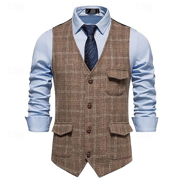  Męskie Kamizelka Biznes Codzienny Wesele Sukienka Wygodny Wiosna, jesień, zima, lato Poliester 95% poliester 5% spandex Pled / Check Zapinana z przodu na guziki W serek Regularny Czarny Khaki Szary
