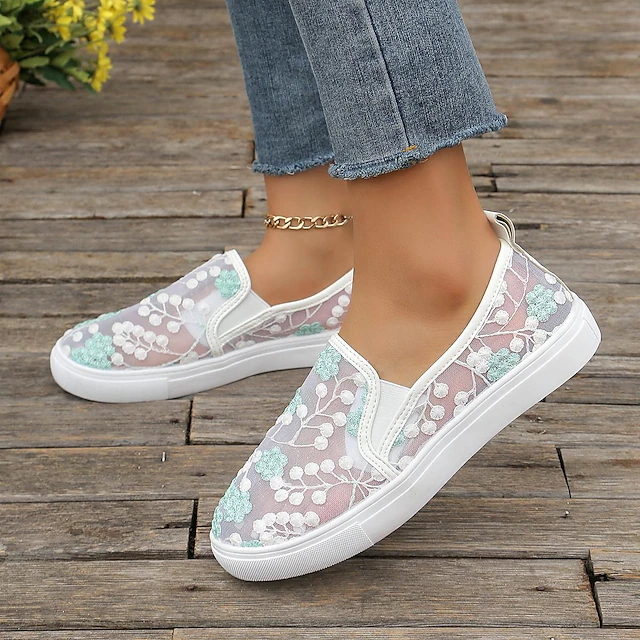 Women's White Lace Slip-On Sneakers – Breathable Mesh Casual Shoes with Floral Embroidery for Summer & Everyday Wear 6