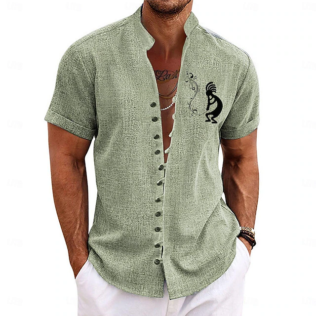 Men's Shirt Summer Hawaiian Shirt Aloha Shirt Short Sleeve Shirt Stand Collar Casual Tribal Holiday Blue Green S M L 5