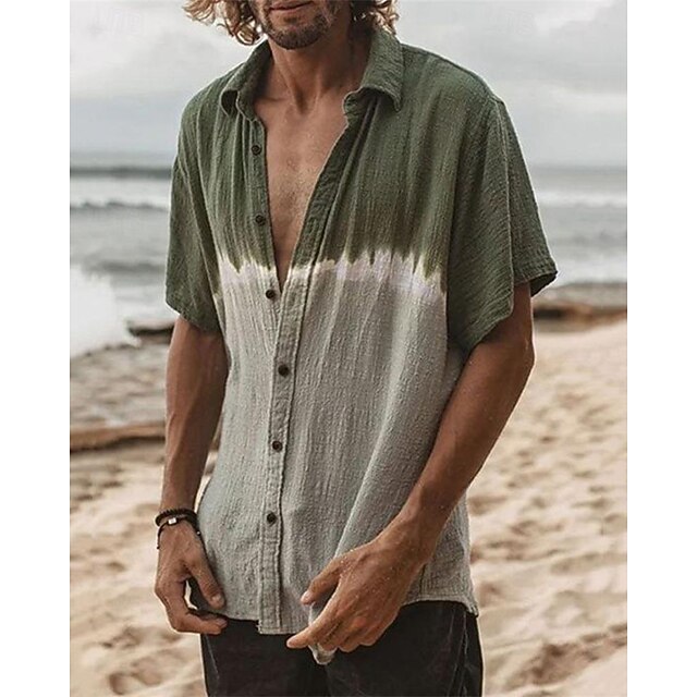 Men's Shirt Summer Shirt Casual Shirt Beach Shirt Button Up Shirt Army Green Short Sleeve Color Block Lapel Vacation Hawaiian Clothing Apparel Polyester Fashion Casual Comfortable2
