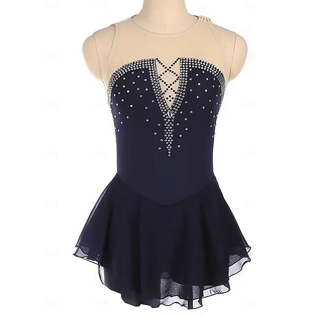  Kunstschaatsjurk Dames Voor meisjes Schaatsen Jurken Zwart Lapwerk Open achterkant Netstof Spandex Rekbaar Opleiding Oefenen Professioneel Kunstschaatskleding Thermisch Warm Kristal / Bergkristal