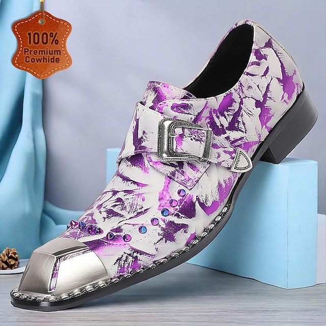  Men's Premium Cowhide Leather Punk Style Shoes - Purple Pattern Slip-On with Buckle and Metal Toe Cap