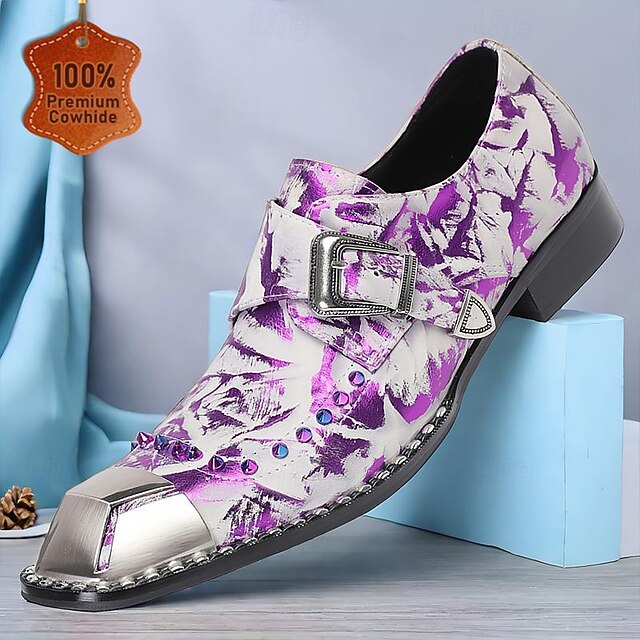 Men's Premium Cowhide Leather Punk Style Shoes - Purple Pattern Slip-On with Buckle and Metal Toe Cap 7