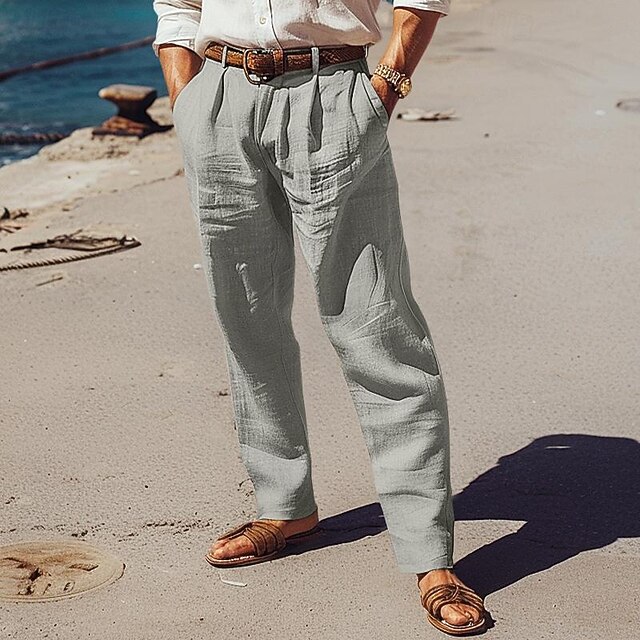  Herre Linnedbukser Bukser Sommerbukser Frontlomme Plisseringer Lige ben Vanlig Komfort Åndbart Afslappet Daglig Ferie Mode Basale Sort Hvid