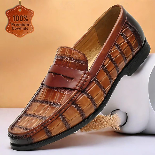 Men's Premium Cowhide Leather Crocodile Pattern Penny Loafers - Classic Slip-On Dress Shoes 7