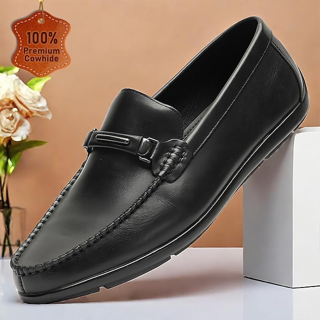  Men's Dress Classic Black Leather Loafers with Sleek Metal Bit Detail