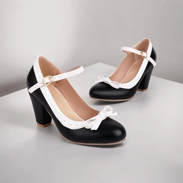 Elegant Women's Vintage Two-Tone Mary Jane Pumps with Bow Detail - Chic High Heel Dress Shoes 9