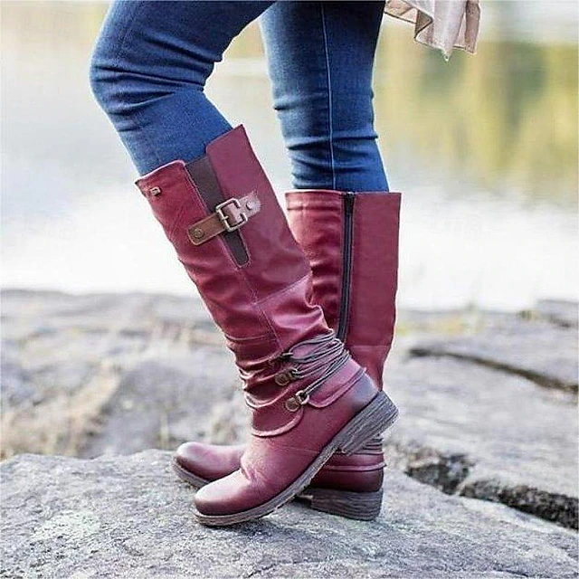 Women's Vintage Red Knee-High Faux Leather Boots with Buckle Accents - Perfect for Outdoor Adventures, Casual Outings, and Fall Fashion 7
