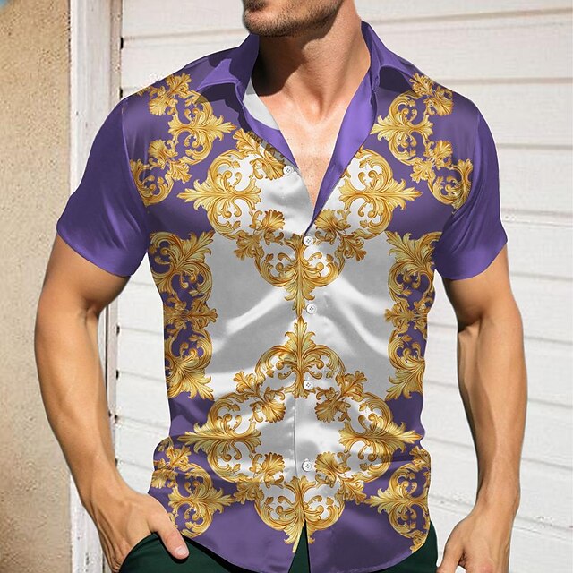  Herren Muster Hemd Knopfhemd Kurzarm Brautkleider schlicht Festtage Sommer Frühling Umlegekragen Bedruckt Blau Purpur Grün Dunkelrot