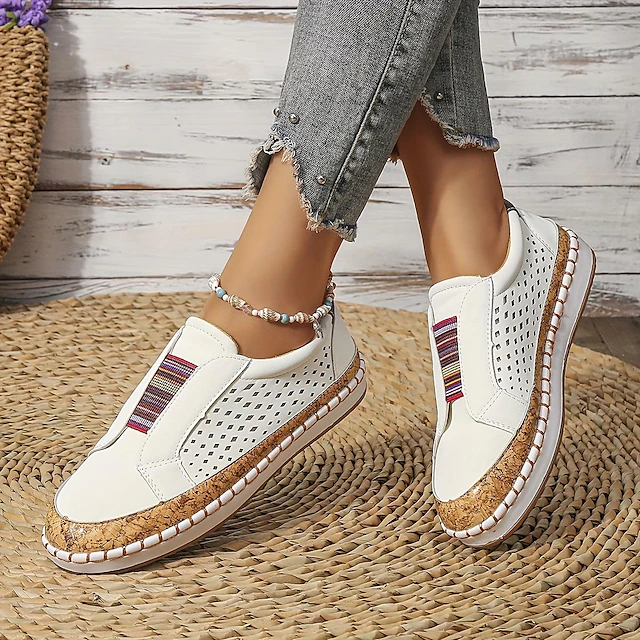 Women's White Slip-On Casual Shoes – Breathable Faux Leather Sneakers with Cork Trim and Elastic Band for Walking, Travel, and Daily Wear 12