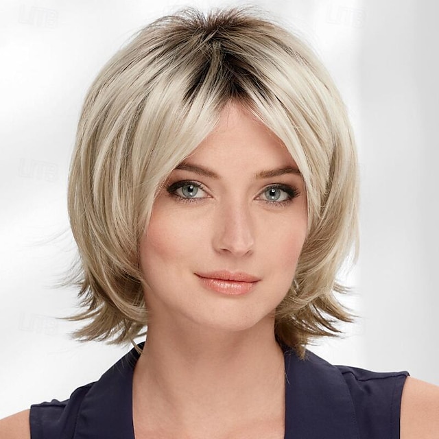  Perruque de mode pour femmes cheveux synthétiques blond clair perruques courtes perruque droite perruques synthétiques naturelles moelleuses pour un usage quotidien de fête
