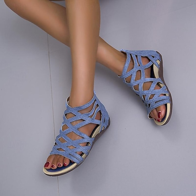  Women's Gladiator Style Flat Sandals - Strappy Open-Toe Summer Shoes in Denim Blue