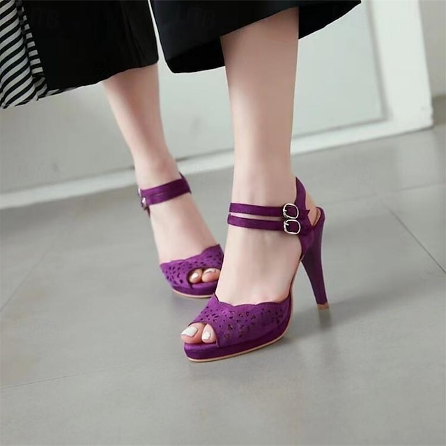  Femme Sandales Rétro du quotidien Découper Boucle Talon Aiguille Bout ouvert Elégant Rétro Vintage Daim Boucle Noir Rouge Violet