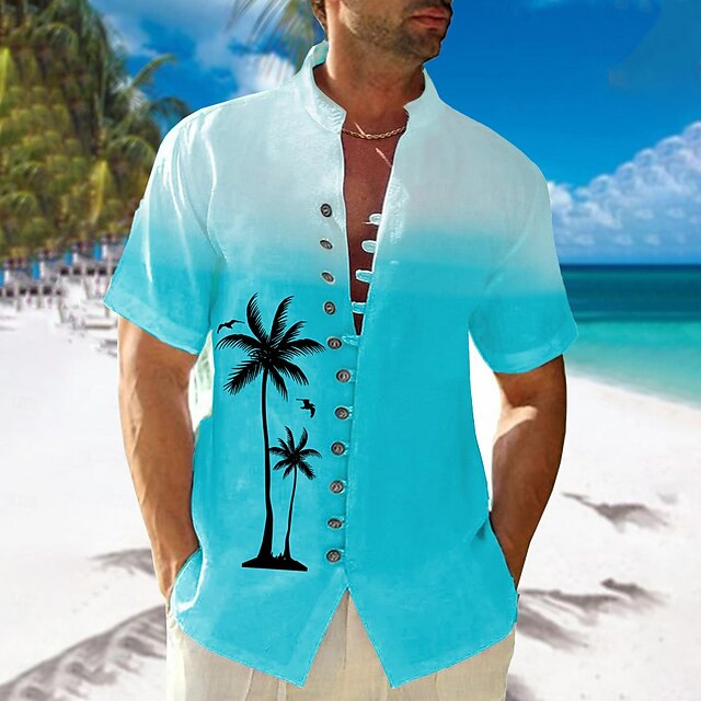 Men's Palm Tree Tropical Plants Summer Hawaiian Shirt Aloha Shirt Printed Shirts Short Sleeves Shirt Standing Collar Hawaiian Resort Vacation Holiday Daily Wear Blue S M L4