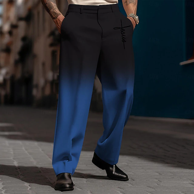 Men's Ombre Dress Pants Mid Waist Business Casual Wedding Dailywear Pocket Straight Leg Trousers Summer Spring Fall Black Blue Dark Blue 7