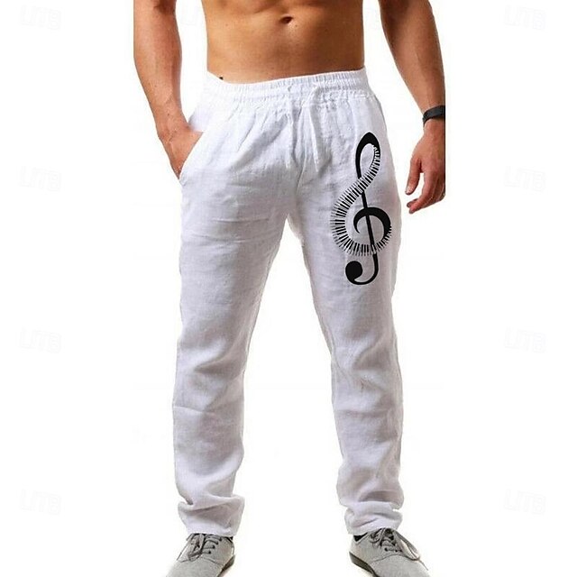  Men's Summer Pants Elastic Waist Graphic Prints Musical Instrument Comfort Full Length Outdoor Streetwear Vacation Hawaiian Black White Micro-elastic