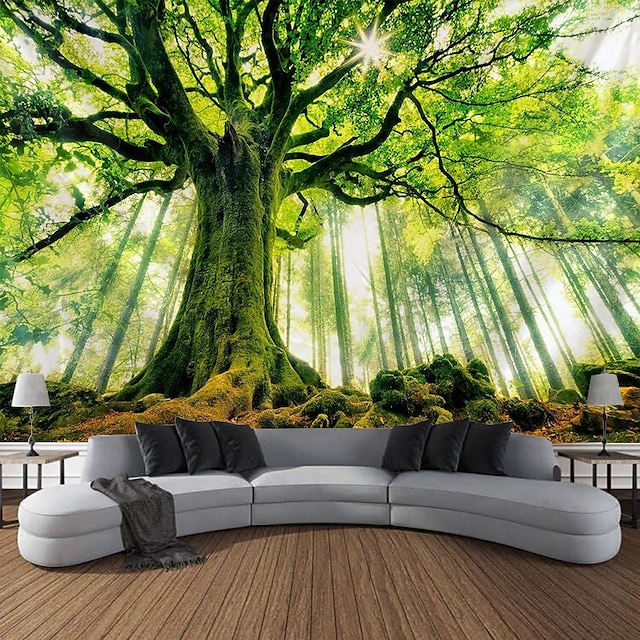  Nature Forest Thick Tree Large Wall Tapestry Large 3D Print Wall Art Hanging For bedroom Living Room Home Decor, Green and White Forest Scenery