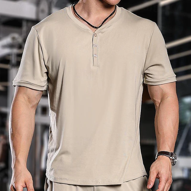 Men's Button T Shirt T Shirt Henley Shirt Tee Short Sleeve Henley Spring & Summer Plain Fashion Designer Basic Vacation Street Going out Apricot Black Green Top Tee for Men 18