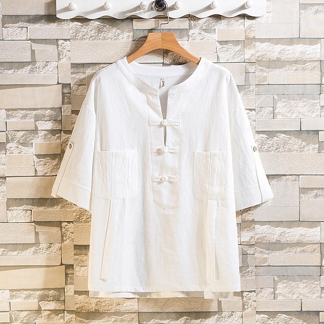  Per uomo Camicia Camicia di lino Camicia con colletto cinese Camicia con colletto alla coreana Camicia popover Camicia casual Semplice Vacanza Streetwear Nero Bianco Grigio Manica Corta Collo alla