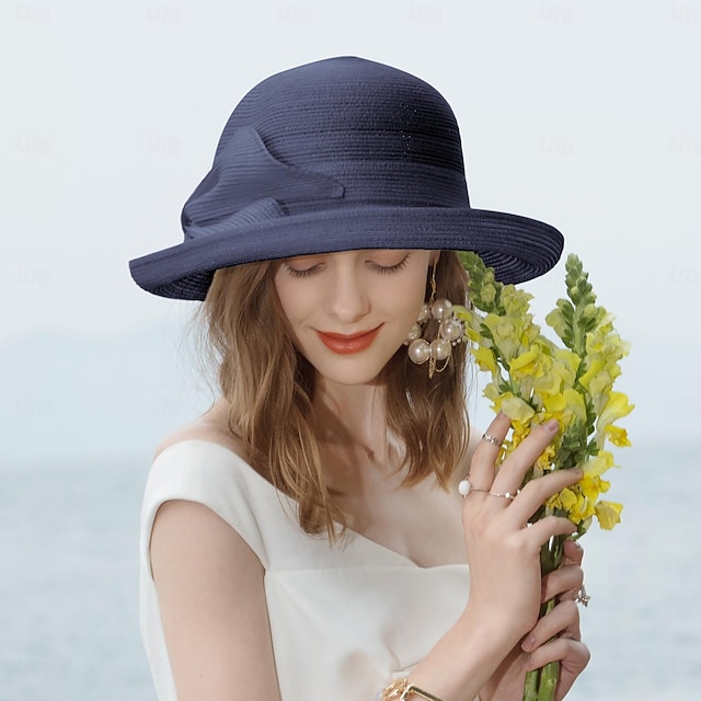  Chapéus de fibra bowler/cloche chapéu balde chapéu de palha casamento chá festa elegante casamento com bowknot emenda headpiece headwear