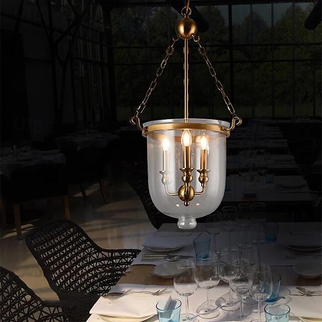  LED Pendant Light Warm White 36/42cm 3-Light Country Retro Gold Hanging Light Industrial Style E14 Transparent Glass Lampshade Chandelier Metal Ring lamp Body Shape Ceiling Lighting for Living Room Bar counter 85-265V