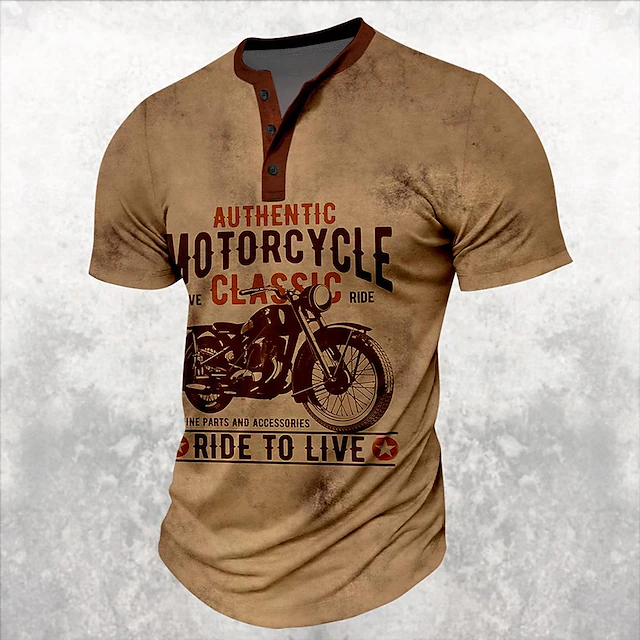Motorcycle Men's Retro Vintage 3D Print T shirt Tee Henley Shirt Casual Daily T shirt Brown Short Sleeve Henley Shirt Summer Clothing Apparel S M L XL XXL 3XL4