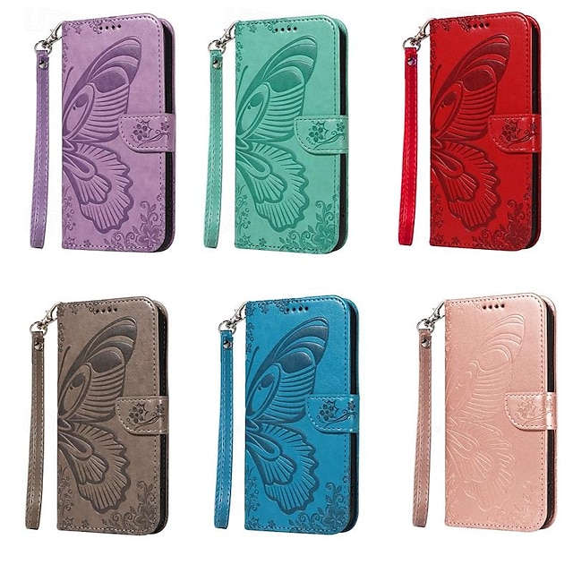  טלפון מגן עבור אייפון 16 אייפון 15 פרו מקס פלוס iPhone 14 13 12 11 Pro Max Plus Mini SE כיסוי אחורי עם מעמד מגנטי עם רצועת יד פרפר רטרו TPU עור PU