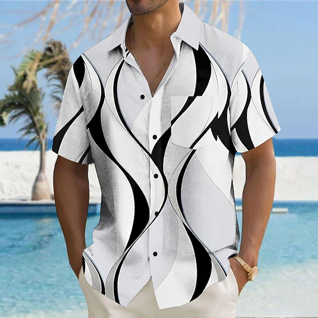 Men's Geometric Lines / Waves Geometric Pattern Button Up Shirt Printed Shirts Short Sleeve Hawaiian Resort Causal Casual Daily Summer Turndown Print Button-Down Black White Blue Khaki 7
